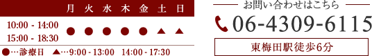 診療時間：土、日　9：00-13：00、14：00-17：00 TEL:06-4309-6115